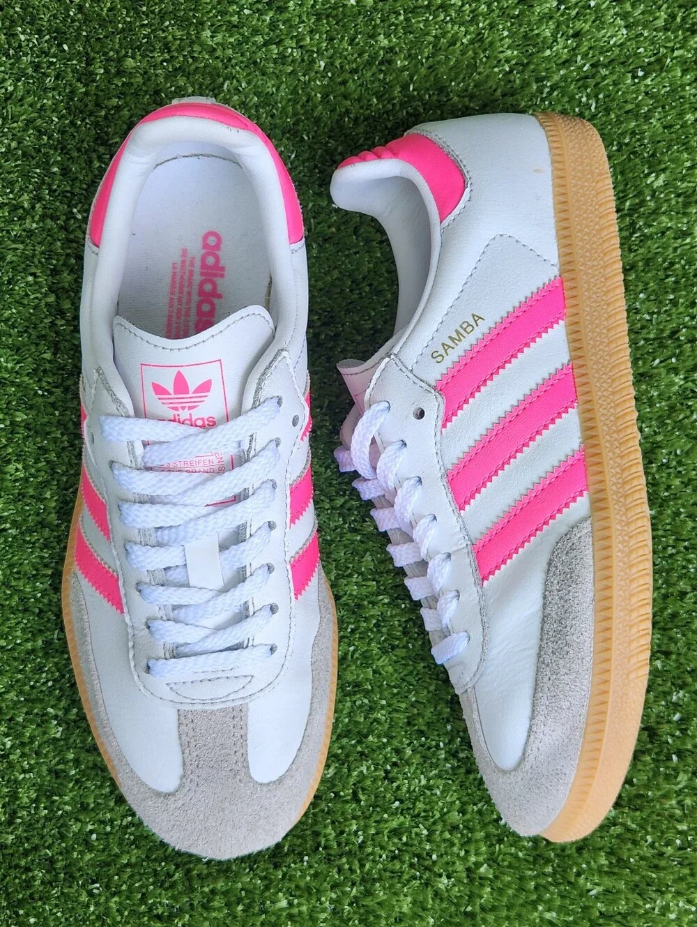 Adidas Samba Big Girls Kids Classic White Pink Leather Sneakers Shoes Size 3.5
